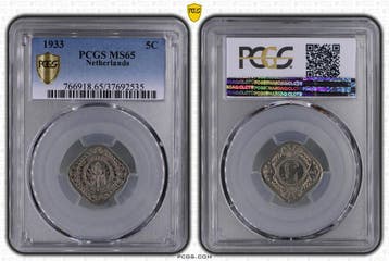 Koningin Wilhelmina 5 cent 1933 MS65 PCGS gecertificeerd, Verzenden, Koningin Wilhelmina, 5 cent, Losse munt