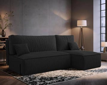 Hoekbank Ribstof Karlito Zwart | Universeel | €399,-, Hout, 125 tot 150 cm, Verzenden, Hoekbank