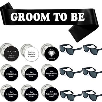 Vrijgezellenfeest set met sjerp, buttons en zonnebrillen 17-, Verzenden, Nieuw, Zwart, Accessoires