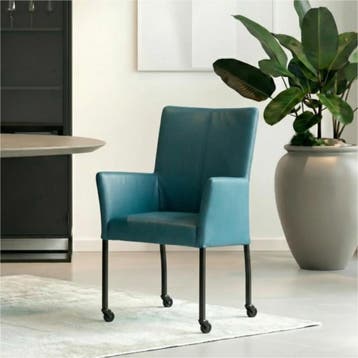 Set van 4 Leren eetkamerstoelen Comfort met wieltjes en, Ophalen of Verzenden, Nieuw, Leer