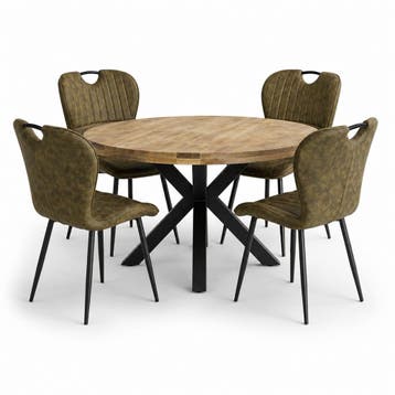 Lars Deal 115cm mango + 4x Stoel Phoenix hunter, Huis en Inrichting, Ophalen of Verzenden, Nieuw