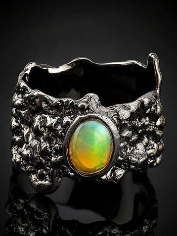 Natuurlijke opaalring - 925 sterlingzilver - zwart rhodium