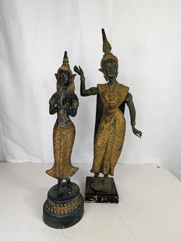 Bronze-set – twee Thaise tempelfiguren met gouden sierwerk, Antiek en Kunst