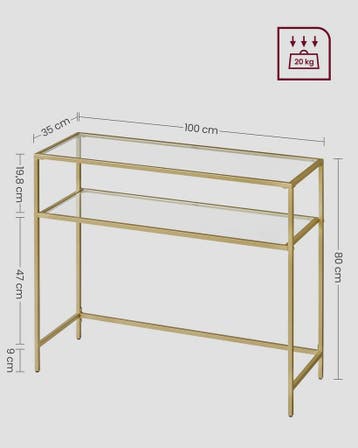 VASAGLE Console Tafel met 2 Glazen Legborden - Goudkleurig M, Verzenden, Nieuw