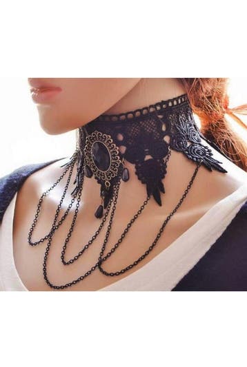 KIMU® Choker Ketting Zwart Breed Kant Kraaltjes Kanten Zwart, Kunststof, Verstelbaar, Zwart, Nieuw