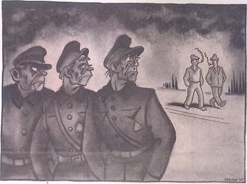 Fascisten durven arbeiders niet aan op spotprent (Lithos), Verzenden