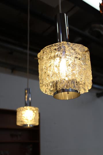 Egon Hillebrand ice glass hanglamp jaren 60, Zo goed als nieuw, Glas, Mid century, E27 (groot)