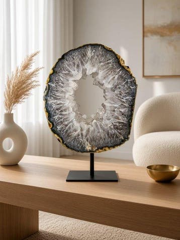 Very rare natural agate with crystal portal geode on stand