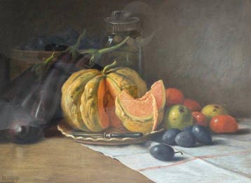 Marguerite Brun (XIX-XX) - Stilleven met meloen en fruit