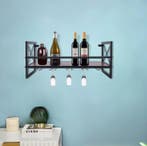 Wand Wijnrek met Glashouder – Hout en Metaal, Industrieel, Huis en Inrichting, Woonaccessoires | Wijnrekken, Verzenden, Nieuw