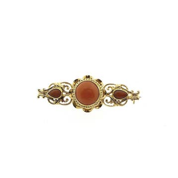 Antiek gouden broche met bloedkoraal, Gebruikt, Overige kleuren, Ophalen of Verzenden, Met edelsteen