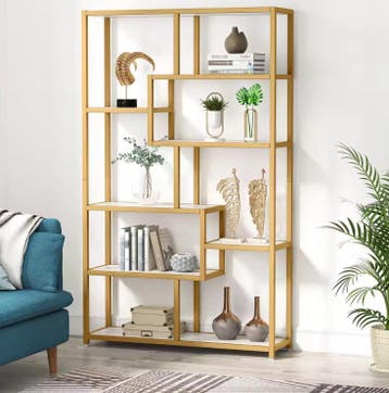 Gouden Boekenkast –8 Open Planken, Moderne Etagère en Marmer, Verzenden, Nieuw