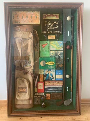 Grote shadow box met originele vintage golf-items, Nieuw