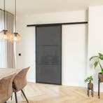 Stalen Schuifdeur met koofsysteem - 3 Vlaks - Rook glas, 75 tot 150 cm, Nieuw, 150 tot 225 cm, Metaal
