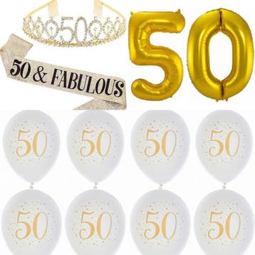 50 & Fabulous set met 2 gouden sjerpen en 2 buttons, Hobby en Vrije tijd, Verzenden, Nieuw, Versiering, Geboorte of Huwelijk