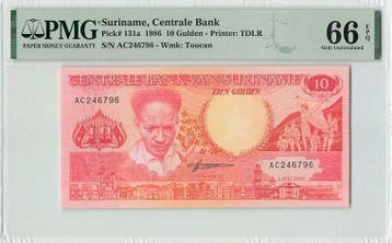 1986 Suriname 10 Gulden Pick 131a Pmg Gem Unc 66 Epq, Verzenden