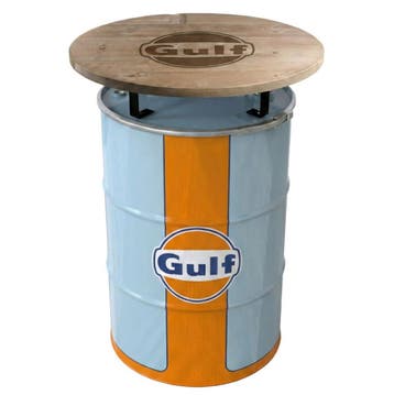 Gulf Oil Barrel Tafel – Metalen Vat met Houten Blad (Ø80 cm), Ophalen, Gebruikt