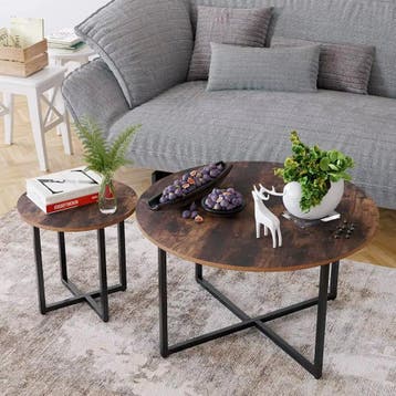 2-delige Salontafel Set – Vintage Donker Houten Bijzettafels, 50 tot 100 cm, Verzenden, Nieuw, 50 tot 100 cm