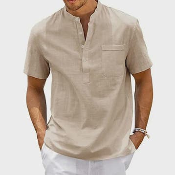Herenshirt met Henne Neck en Borstzak - Katoen Linnen Mix -, Verzenden, Nieuw