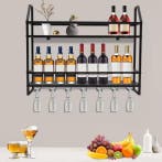 Wijnrek Wand Zwart – Metalen Rek met Glazenhouder, 12 Flesse, Huis en Inrichting, Verzenden, Nieuw