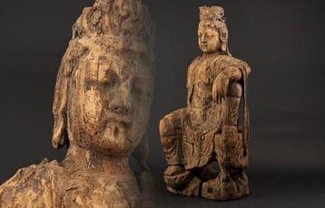 Antique Large Kwan Yin (Guanyin) Sculpture in Royal Ease