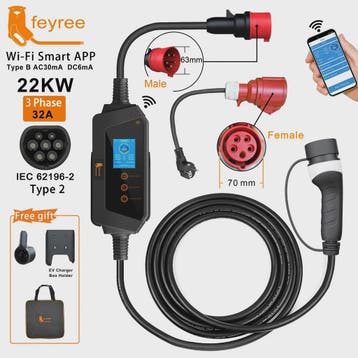 Feyree 22KW 3-Fase Draagbare EV Charger Type 2 met Wi-Fi APP, Verzenden, Nieuw