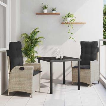 vidaXL Tuin eettafelset met kussen 3 pcs Lichtgrijs poly, Tuin en Terras, Verzenden, Nieuw, Rotan, 3 zitplaatsen