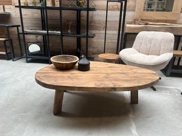 Salontafel oud hout, eiken, elmwood,  kiezel, rond, maatwerk, Nieuw, Ophalen of Verzenden, Basic klassiek landelijk hotelsjiek industrieel 