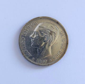 Spanje. Alfonso XII. 5 Pesetas 1877 DEM (Zonder
