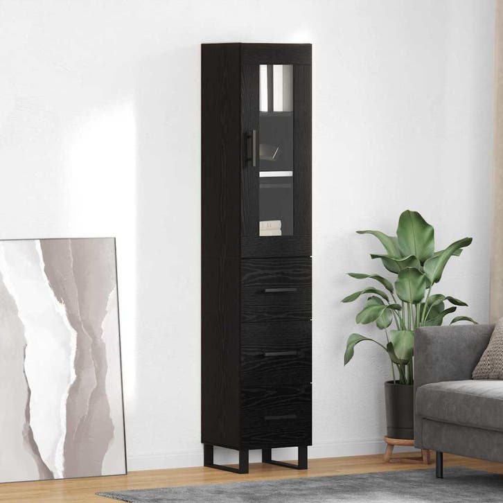 vidaXL Highboard met lade Zwart Eiken 34,5 x 34 x 180 cm, Huis en Inrichting, Kasten | Buffetkasten, 25 tot 50 cm, Nieuw, Overige houtsoorten