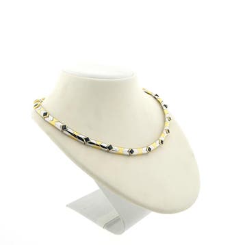 Bicolor gouden fantasie collier met saffier (Ketting), Gebruikt, Ophalen of Verzenden, Met edelsteen, Goud