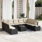 vidaXL Tuinbankenset met kussen 9 pcs Zwart en Crème, Verzenden, Nieuw, Rotan, Meer dan 8 zitplaatsen