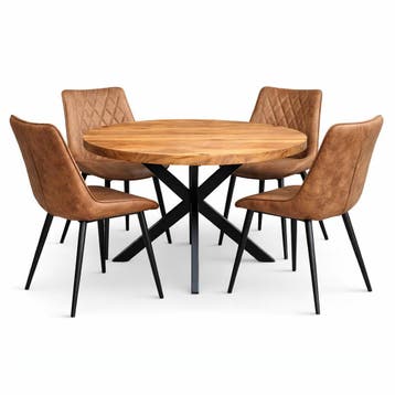 Oscar deal 5 delige eethoek Mango rond 120cm tafel+4 stoelen, Verzenden, Nieuw