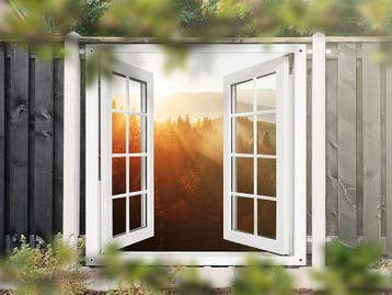 NR 1426: Tuinposter doorkijkje bos heuvels 180x180cm, Nieuw