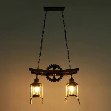 Vintage hanglamp 2 lichts hout metaal E27, Verzenden, Nieuw