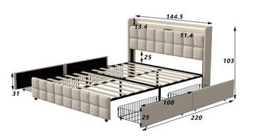 Upholstered Bed met LED, USB-poorten en 4 Opberglades, Huis en Inrichting, Slaapkamer | Bedden, Verzenden, Nieuw