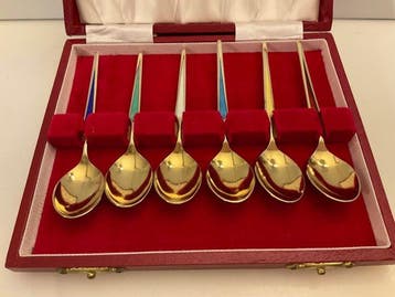 Johannes Siggaard - Theelepel (6) - Sterlingzilver vergulde, Antiek en Kunst, Antiek | Goud en Zilver
