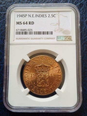 Nederland. 2 1/2 Cents 2.5 cent 1945 nl indië ngc ms64 rd, Postzegels en Munten
