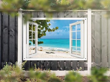 NR 1322: Tuinposter doorkijkje tropisch strand 120x180cm, Nieuw