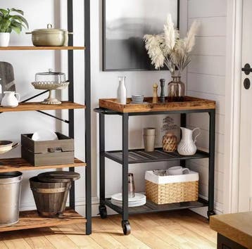 Serveertrolley industrieel 3-laags met houtlook en wielen, Verzenden, Nieuw