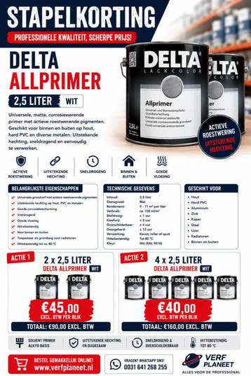 STAPELKORTINGEN - DELTA Allprimer 2 maal 2,5 Liter Wit –.., Ophalen of Verzenden, Nieuw, Wit, Verf