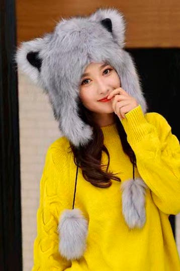 KIMU® Wolf Muts Touwtjes Bontmuts Oortjes Bont Grijs Beer Hu, Ophalen of Verzenden, Nieuw