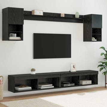 vidaXL TV Wand Eenheden met LED 6 st Zwart Eiken Bewerkt, Minder dan 50 cm, Verzenden, Nieuw, Minder dan 100 cm