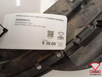 VW Polo 2G 2018-2021 Onderlip Voorbumper Origineel!, Auto-onderdelen, Ophalen, Gebruikt, Volkswagen, Bumper