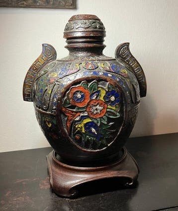 Moonflask - Brons Emaille Hout - China - 20e eeuw