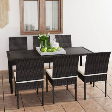 vidaXL 7-delige Tuinset poly rattan zwart, Verzenden, Nieuw, 6 zitplaatsen, Tuinset