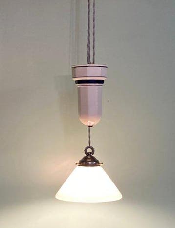 Plafondlamp - Opaline glas - Wit porseleinen trekpendel