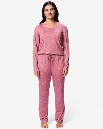 HEMA Damespyjama brushed micro bloemen roze, Verzenden, Roze
