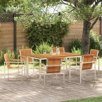vidaXL Tuin eettafelset 7 st Massief acaciahout en roestvrij, Verzenden, Nieuw, 7 zitplaatsen
