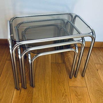 Set bijzettafels - Chroom, Glas - Drie bijzettafels
